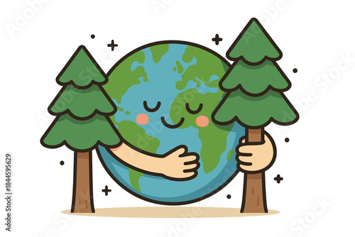 Cute cartoon vector illustration of planet Earth with a happy face hugging evergreen pine trees, symbolizing environmental protection, ecology, and global reforestation efforts.
