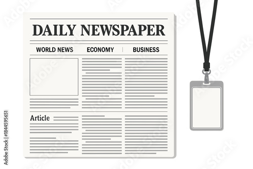 Daily Newspaper Displaying World News Economy and Business Headlines Alongside a Lanyard With an Identification Badge on a Transparent Background