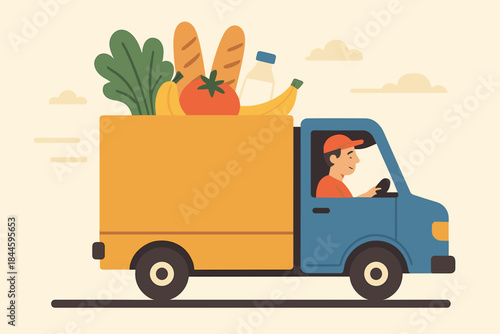 Delivery Truck With Groceries Driving Fast Delivering Food Products With Driver Wearing Cap and Orange Shirt in Flat Design Style With Clouds in Background