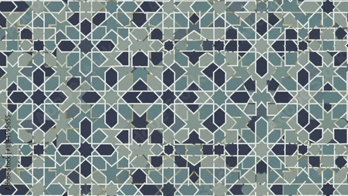 A beautiful mosaic pattern with various shades of blue and green tiles arranged in a geometric design on a