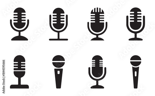 Set of black microphone icons isolated on white background, various shapes and styles of microphones for audio recording