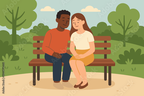 Diverse Couple Sitting Together on a Park Bench Enjoying a Peaceful Outdoor Moment with Lush Green Trees and Soft Clouds in the Sky