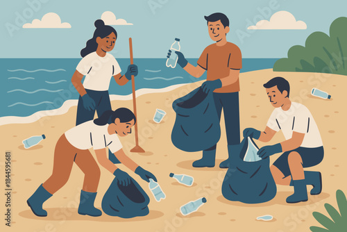 Diverse group of people cleaning plastic bottles from a sandy beach near the ocean on a sunny day promoting environmental conservation and volunteerism with blue sky and green trees in the background