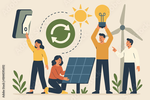 Diverse people working together installing solar panel and wind turbine under bright sun with recycle symbol and lightbulb idea representing renewable energy and sustainability future