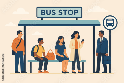 Diverse Group of People Waiting at a Retro Styled Bus Stop Shelter on a Cloudy Day Diverse Commuters Anticipating Public Transportation on a Warm Palette Background Detailed Flat Illustration