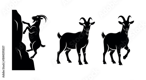 Silhouette Illustrations of Goats in Different Poses Climbing, Standing, and Walking
