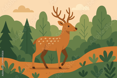 Majestic Buck Deer With Antlers Walks Through A Pixelated Forest With Green Trees And Orange Path In Golden Hour Light