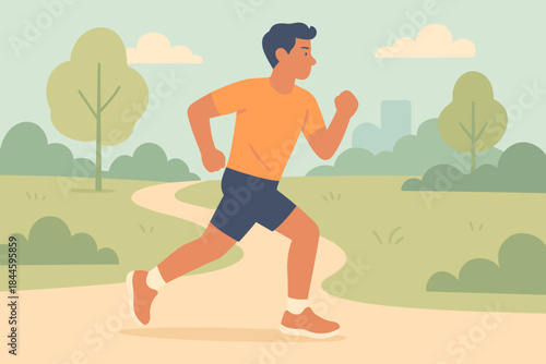 Man Running Jogging on Path Through Green Park Outdoors With City Buildings in Background Daytime Active Lifestyle Healthy Living