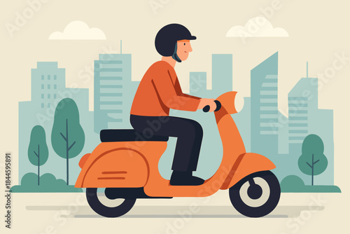 Man wearing orange shirt and black helmet riding an orange scooter through a city with trees and buildings in the background under a cloudy sky