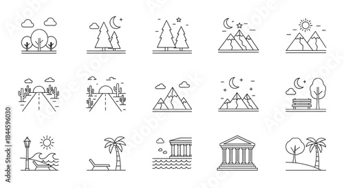 Travel And Tourism Outline Icons Set Nature Vacation Landscape Minimalist Line Art Symbols For Web Design UI UX