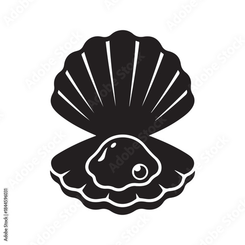 Open scallop shell with mollusk and pearl seafood delicacy vector icon.