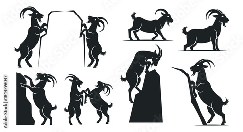 Collection of Black and White Silhouettes of Goats in Various Poses on Rocks and Cliffs