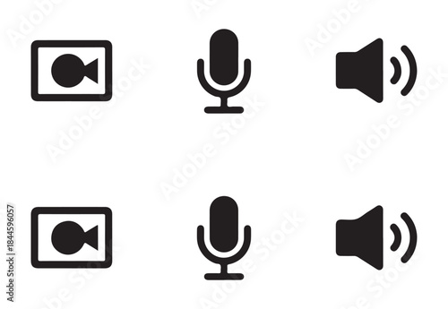 Set of video camera, microphone, and speaker icons for online communication and multimedia applications