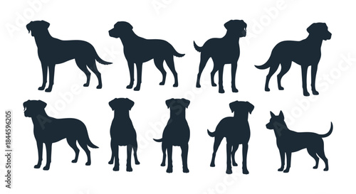 A diverse collection of eight unique dog breed silhouettes, showcasing various canine forms and poses, perfect for animal-themed design projects and pet-related graphics