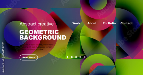 Dynamic abstract background features vibrant overlapping circles, text elements, navigation menu. Modern design promotes creativity, geometric shapes.
