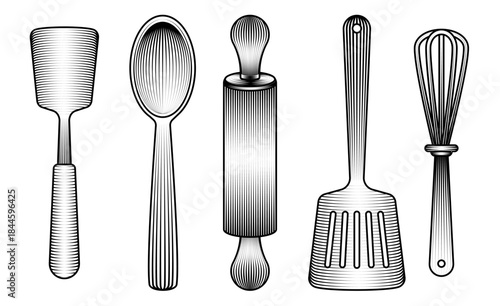 set of kitchen baking tools illustration featuring rolling pin whisk spoon and spatulas vintage woodcut style black white vector art isolated cookware collection engraved drawing