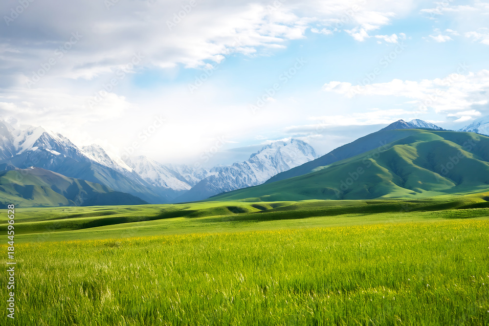 Fototapeta premium Vibrant Green Grassland with Distant Snow-Capped Mountains