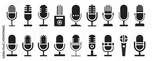Variety of microphone icons in black. diverse mic symbols for audio recording and broadcast isolated
