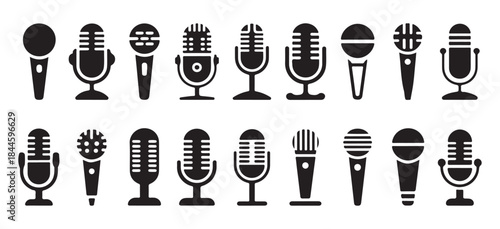 Collection of black microphone icons. various shapes and styles of mic symbols isolated on white background