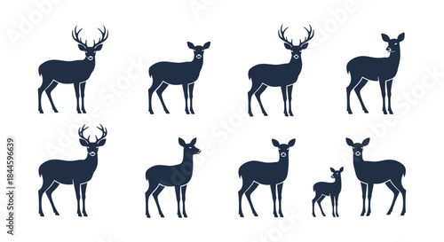 Set of eight stylized deer silhouettes in various poses, including adult stags with antlers and smaller fawns, against a white background, representing wildlife and nature