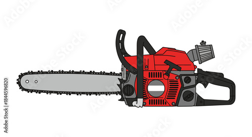 Illustration of a powerful red and gray gasoline chainsaw isolated on white background