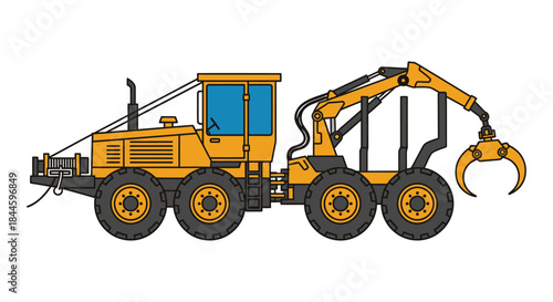 Skidder machine with grapple attachment and front winch isolated on white background
