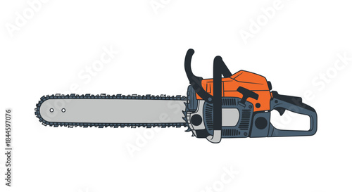 Illustration of a powerful orange and gray gasoline powered chainsaw isolated on white background