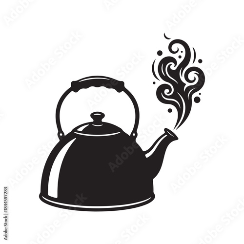 Whistling kettle with hot steam boiling water kitchen appliance vector