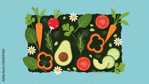 Colorful Illustration of Fresh Vegetables and Fruits in a Healthy Salad