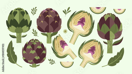 Artistic Illustration of Whole and Halved Artichokes with Leafy Elements