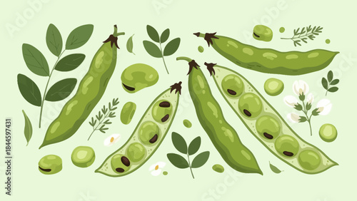 Fresh green peas pods and scattered peas with leafy accents in a vibrant