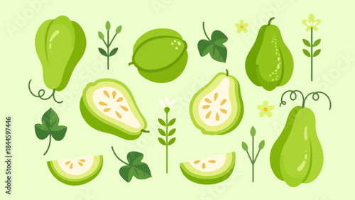 Fresh green gourds and leaves arranged in a vibrant pattern for spring season
