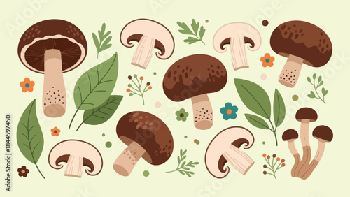 Delightful Illustration of Various Mushrooms and Botanical Elements for Nature