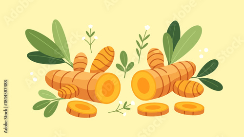 Vivid Illustration of Fresh Carrots with Green Leaves and Sliced Carrots