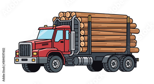 Red logging truck loaded with timber logs drives across the white background