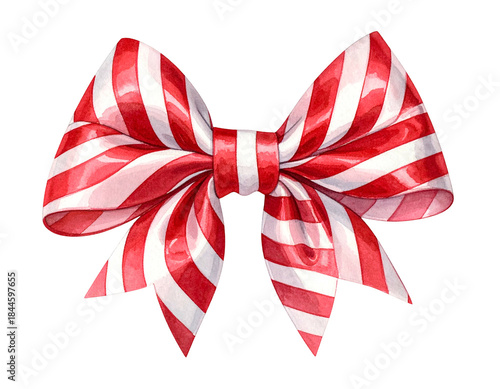 Watercolor depiction of a red and white striped bow, rendered against a transparent background