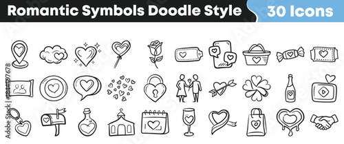 Collection of thirty hand drawn romantic symbols and icons in a charming doodle style perfect for valentine or anniversary design projects on transparent background