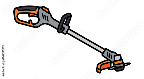 Illustration of a modern orange and gray string trimmer tool for yard work