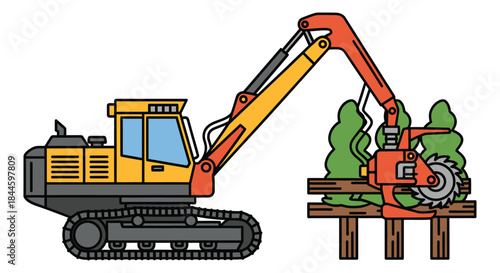 Logging excavator with harvesting head cutting down trees in a stylized forestry operation