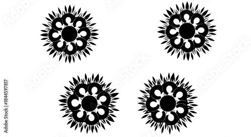 Black Abstract Flower Icons Set Four Radial Geometric Shapes Isolated for Design