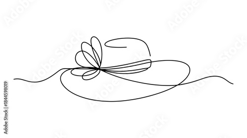  a minimalist, continuous line drawing of a stylish hat with a wide brim and a decorative bow or ribbon.