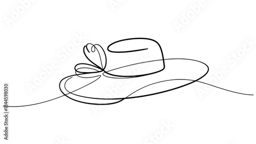  continuous line drawing of a stylish hat with a wide brim and a decorative bow or ribbon.