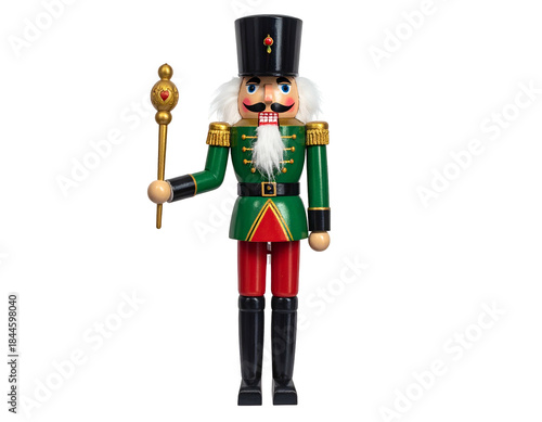 A standing wooden soldier toy in a green and red uniform holding a golden staff