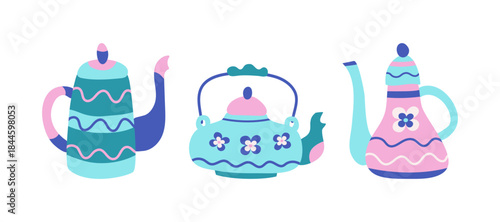 Set cartoon teapots. Tea time. A hot, healthy, warming drink in a brightly colored teapot. Hand-drawn ceramic kettle.