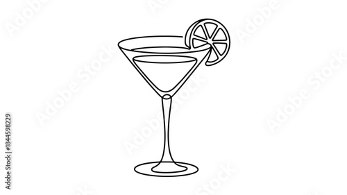  continuous line drawing of a cocktail glass, likely a martini or cosmopolitan glass, garnished with a citrus slice
