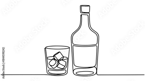  a minimalist, continuous line drawing of a whiskey bottle and a glass with ice.