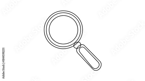 The image is a minimalist, continuous line drawing of a magnifying glass. The illustration is rendered with a single, unbroken black line against a white background, creating an abstract and simple
