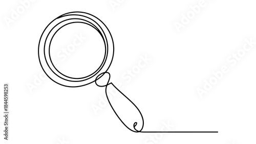 The image is a minimalist, continuous line drawing of a magnifying glass. The illustration is rendered with a single, unbroken black line against a white background, creating an abstract and simple 