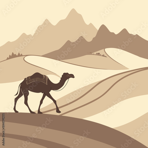 A lone camel with a saddle walks across a vast desert landscape with rolling sand dunes and distant mountains under a pale sky