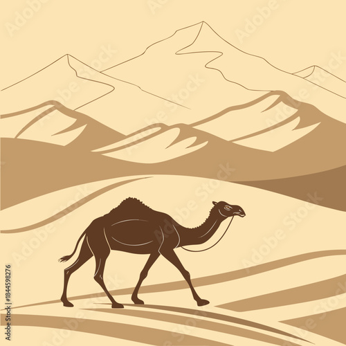 A solitary dromedary camel walks across rolling sand dunes with majestic desert mountains in the background under a clear sky